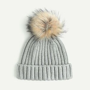 J.Crew Allen Ribbed Yarn Beanie Hat Gray‎ Wool Blend Faux Fur Pom Pom Winter OS